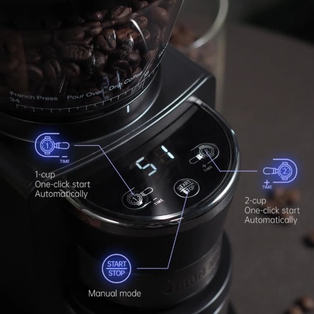 HiBREW Electric Burr Coffee Grinder with 34 Grind Settings & Visual Bean Storage